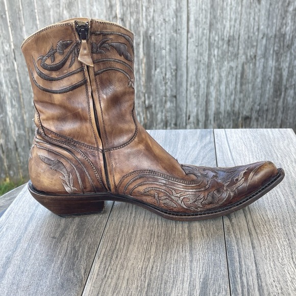 Damy Cowboy Ankle Boots Men 10/ 43 Brown Leather Embroidered Side Zip Italy Made - Picture 8 of 15